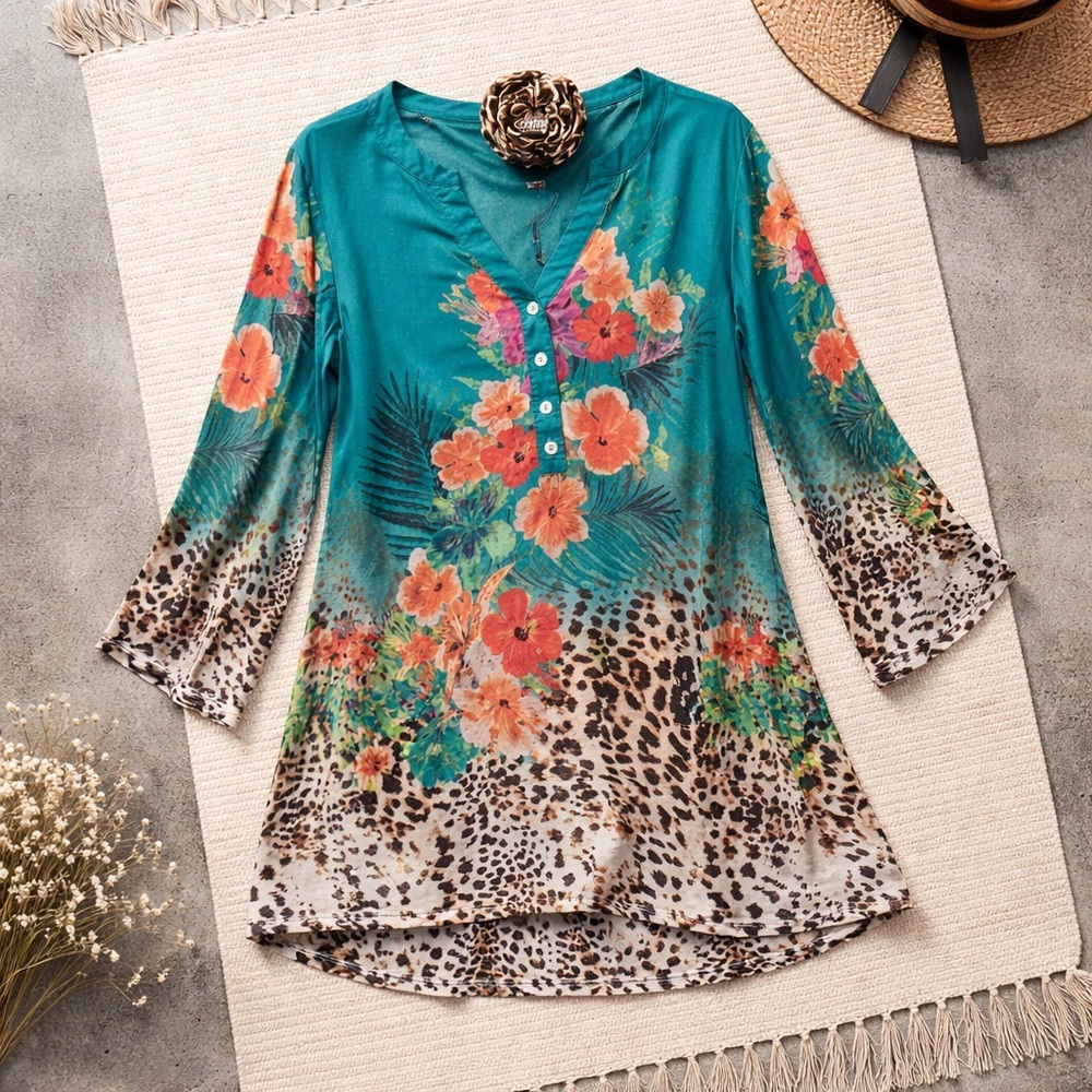 Soft Surroundings Teal Floral Leopard Tunic